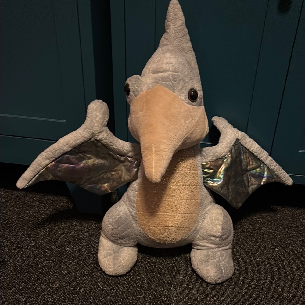 Plush Pterodactyl Reptile Toy - Gray, tan with iridescent wings. Dan Dee brand